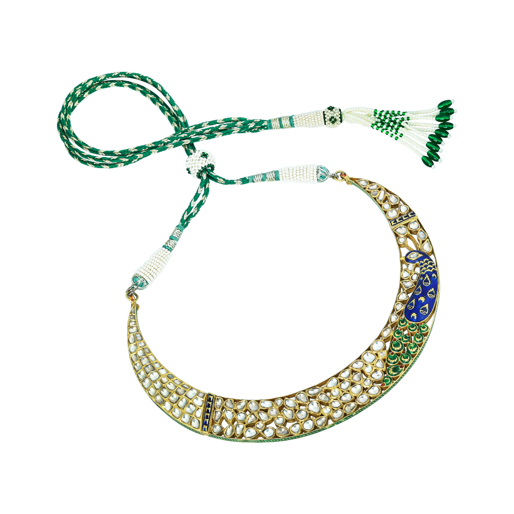 Peacock Motif Polki Hasli with Blue-Green Enamel